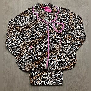 Betsey Johnson Intimates Leopard Flannel Pajama Set Pink Heart Pocket NWT M